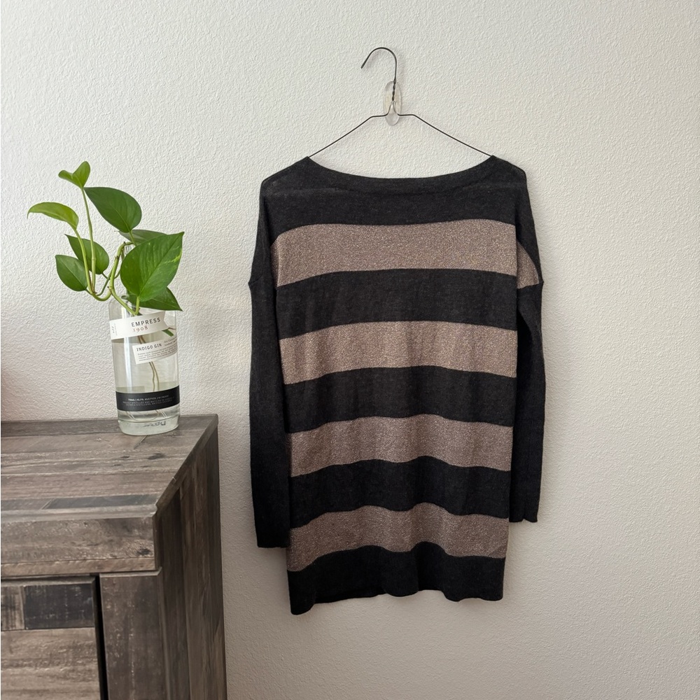 VINCE Gray Metallic Stripe Lightweight Cashmere Blend Sweater